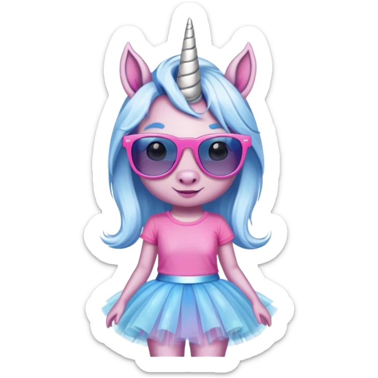 head and shoulders portrait of a friendly anthropomorphised female unicorn in tutu and pink t-shirt, wearing dark sunglasses, blue and silver color scheme sticker