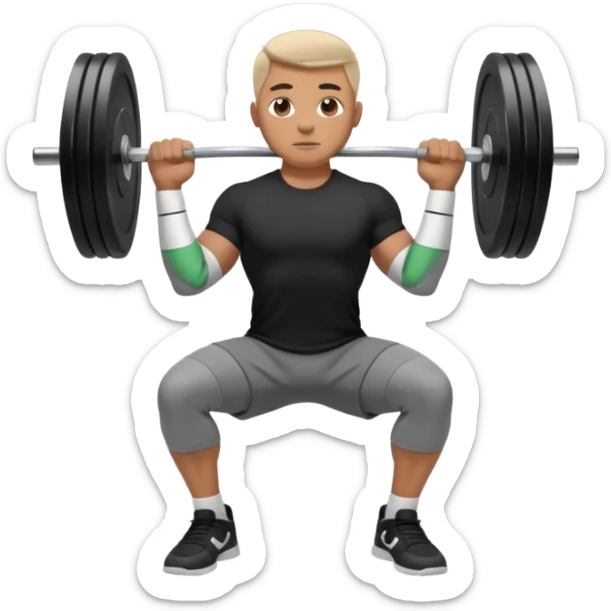 Hombre vestido con playera negra, pants gris y tenis blancos tipo jordan haciendo sentadilla libre con barra con un disco de 20 kilos por lado  sticker
