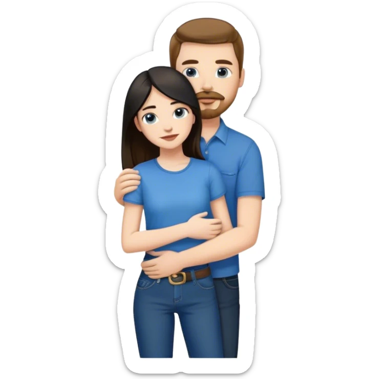 tall white guy with brown hair goatee mustache wearing blue shirt and black jeans hugging a shorter white girl with long black hair with blue jeans and white shirt sticker