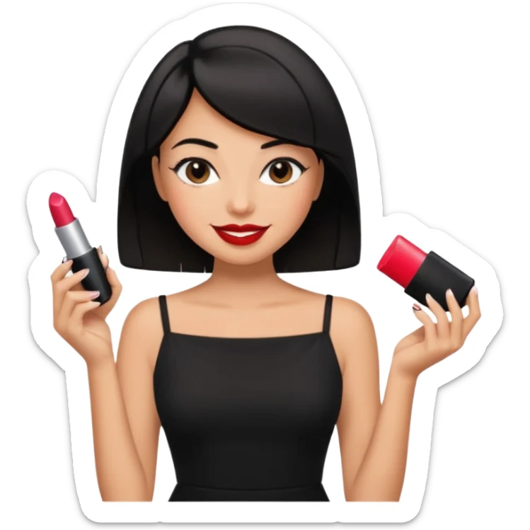 black short shoulder length hair tanned woman, black dress doing girly things sticker