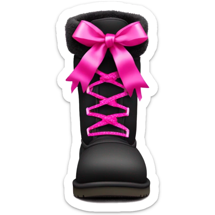 Pair of black and hot pink Ugg fur boots laced up with pink silk ribbon bows. sticker