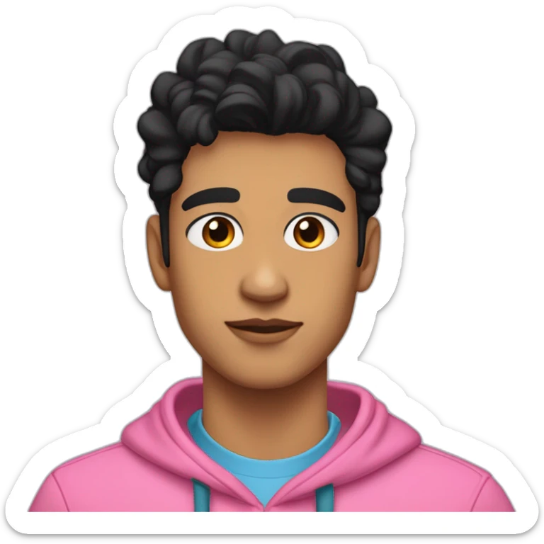 Tan skin with black hair and thick eyebrows young adult male wearing a blue hoodie and define jawline and thin nose and pinkish lips and gold necklace sticker