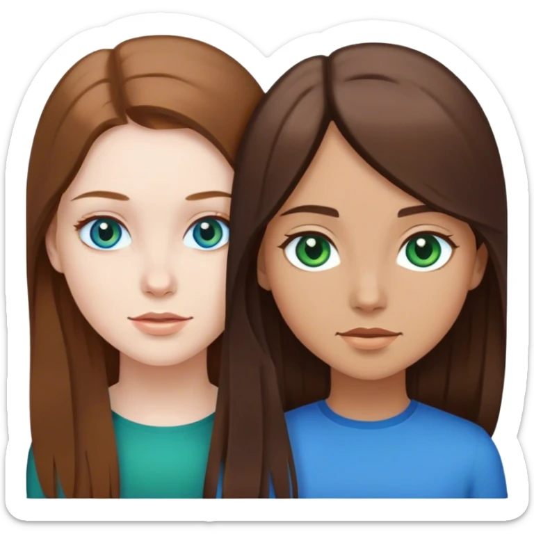 Two girls. One with pale skin, medium length brown hair, and blue eyes. The other with white to tan skin, long brown hair, and green-blue eyes sticker