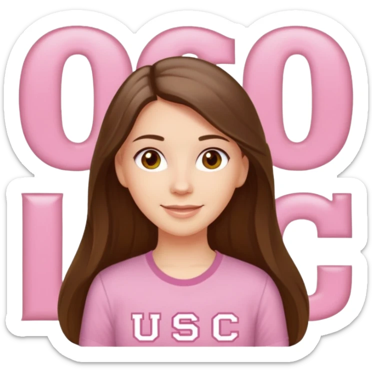 happy white long brunette hair girl with hazel eyes and in a light pink shirt with the letters USC in white sticker