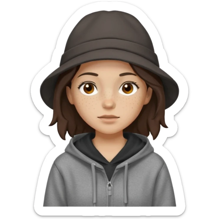 Hobo tomboy with light skin, freckles, shoulder-length center-parted dark brown hair. brown eyes, dark brown hoodie, grey shirt. Black flat brimmed hat sticker