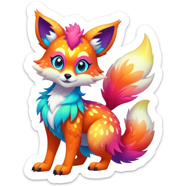 Vibrant multicolored neon-colored Falvie-Fionbri-creature-sparkle-hybrid-fursona, full body, fur pattern-markings sticker
