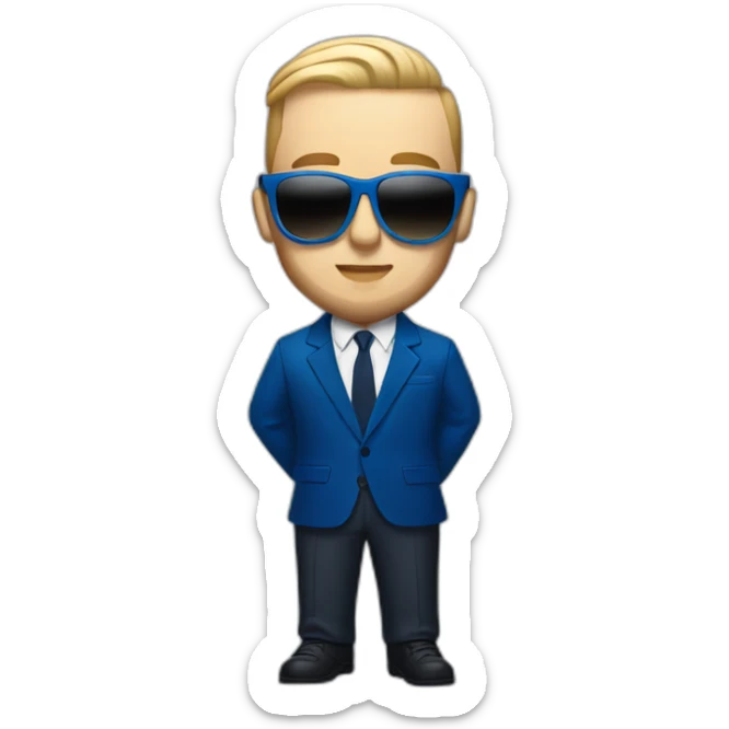 realism mac miller with a blonde comb over skin fade wearing a blue suit and sunglasses sticker