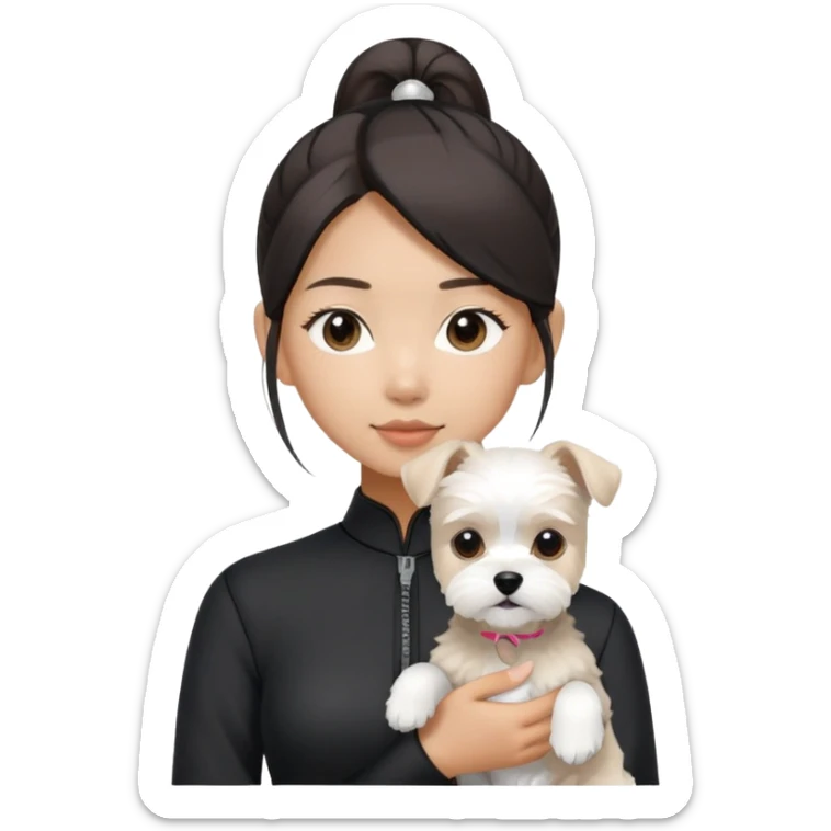 Asian girl (black fitted outfit with pony tail hair without bang) holding a white Maltese-schnauzer mixed dog sticker