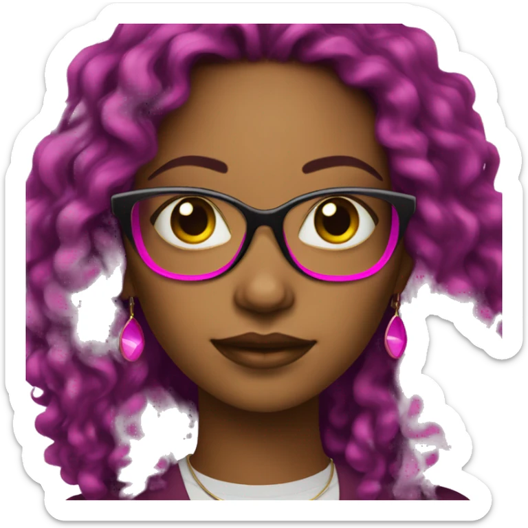 black women with earrings with fuchsia glasses with long black curly hair sticker