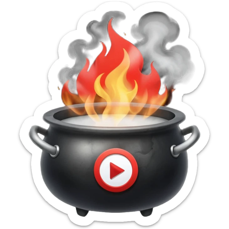 A black cauldron with lot of smoke rising, and the white YouTube play button logo floating above the smoke, red fire on the bottom sticker