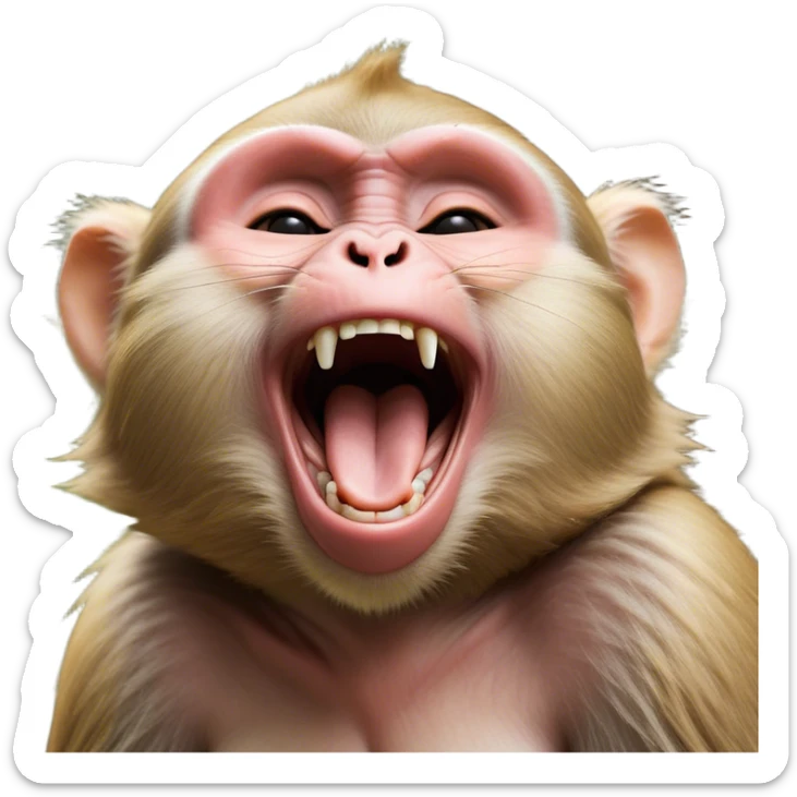 Cinematic Cute Yawning Macaque Portrait Emoji, Head tilted slightly with a dramatic, wide-open yawn, showcasing a gently textured face with half-closed, sleepy eyes and an open, relaxed mouth, Simplified yet irresistibly adorable features, highly detailed, glowing with a soft, cozy glow, high shine, relaxed yet expressive, stylized with a dash of whimsical charm, soft glowing outline, capturing the essence of a drowsy yet affectionate primate that appears ready to stretch out for a nap! sticker