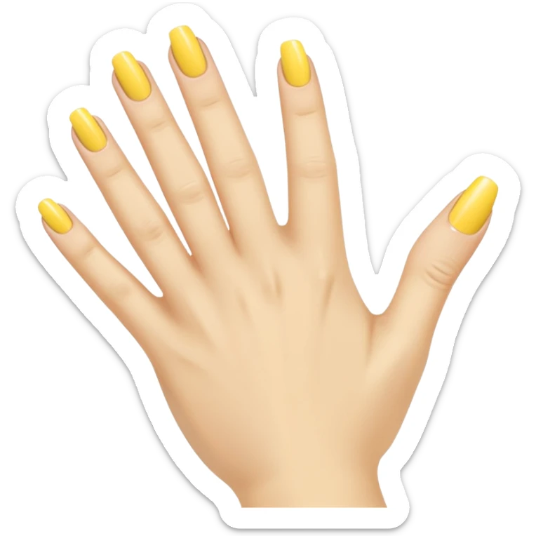 Generate a high-quality illustration of a generic hand with yellow nail polish being applied, 5 fingers, flat vector or simple cartoon style, no recognizable person, no facial features, no brand markings, simple white background, high-resolution.
 sticker