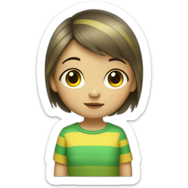 little girl with short hair wears striped green and yellow shirt giving a thumbs down sticker