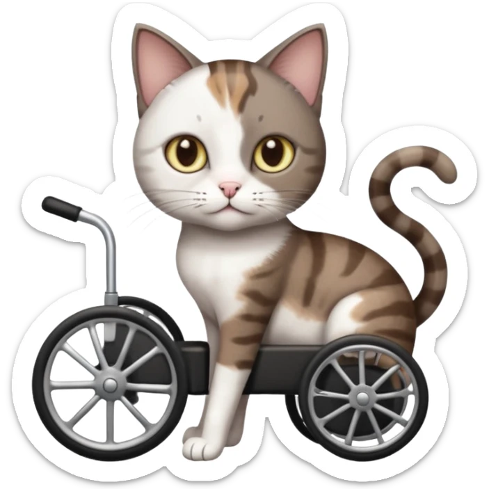 full body small short hair dark brown and white cat with hazel eyes walking in a wheelchair for cats sticker