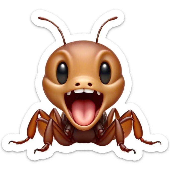 Cinematic Adorable Yawning Ant Portrait Emoji, Head tilted slightly with a dramatic, wide-open yawn, showcasing a tiny, segmented body with softly drooping features and sleepy, half-closed eyes, Simplified yet irresistibly cute features, highly detailed, glowing with a soft, cozy natural glow, high shine, relaxed yet expressive, stylized with a dash of whimsical charm, soft glowing outline, capturing the essence of a drowsy ant that appears ready to stretch out for a nap! sticker