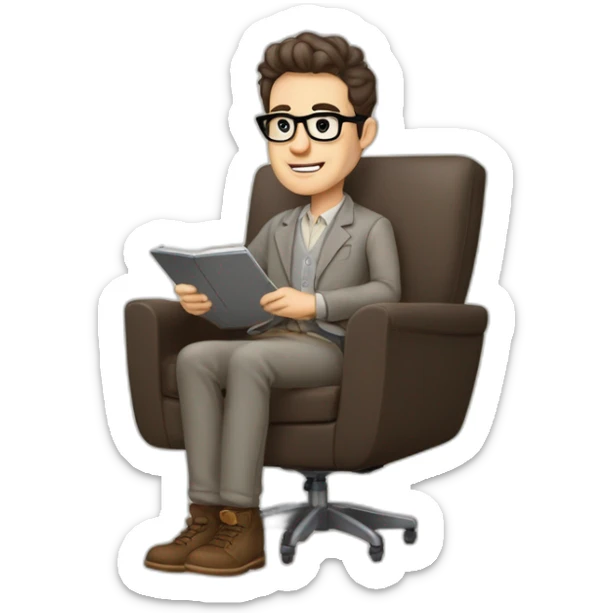 Pale skinned Fit Man With dark brown hair in gray jacket, beige office shirt, Brown pants and vintage glasses sitting In a soft chair with a notebook on spring with emblem Ψ and a pen sticker
