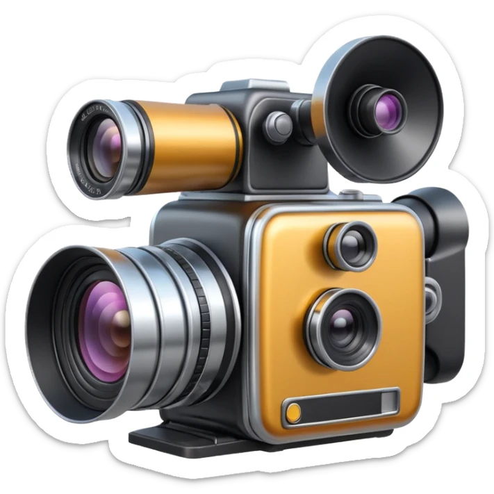 Minimal emoji icon of a huge cinematic metalic camera, front view, simple shapes, realistic lens,  sticker