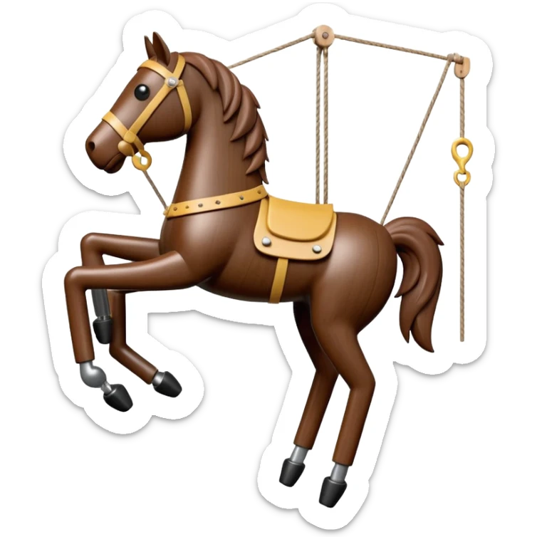 3D render of Horse Puppet as a wooden marionette puppet, Wooden toy horse on strings, silver metal screw joints at elbows and knees, polished brown wood texture, rigid toy pose, emoji style, isolated on white background --v 6.0. sticker