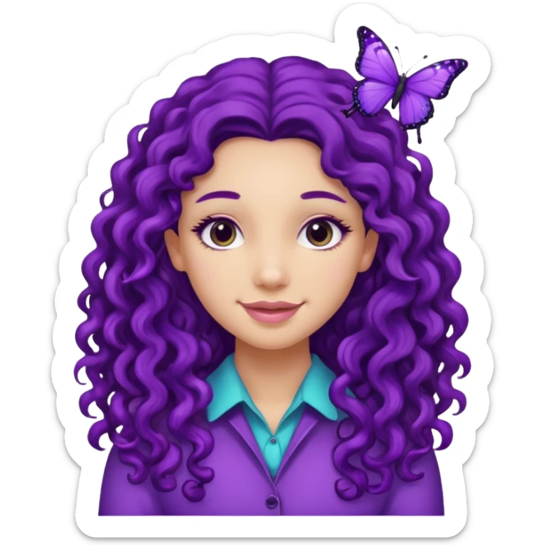 Girl with dimples and long curly hair that has a purple bitterfly pin in it sticker