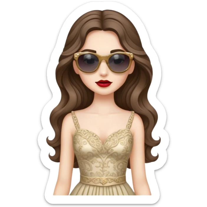 a pale brunette girl with elaborate makeup and dress, long wavy hair, wearing sunglasses, confident sticker