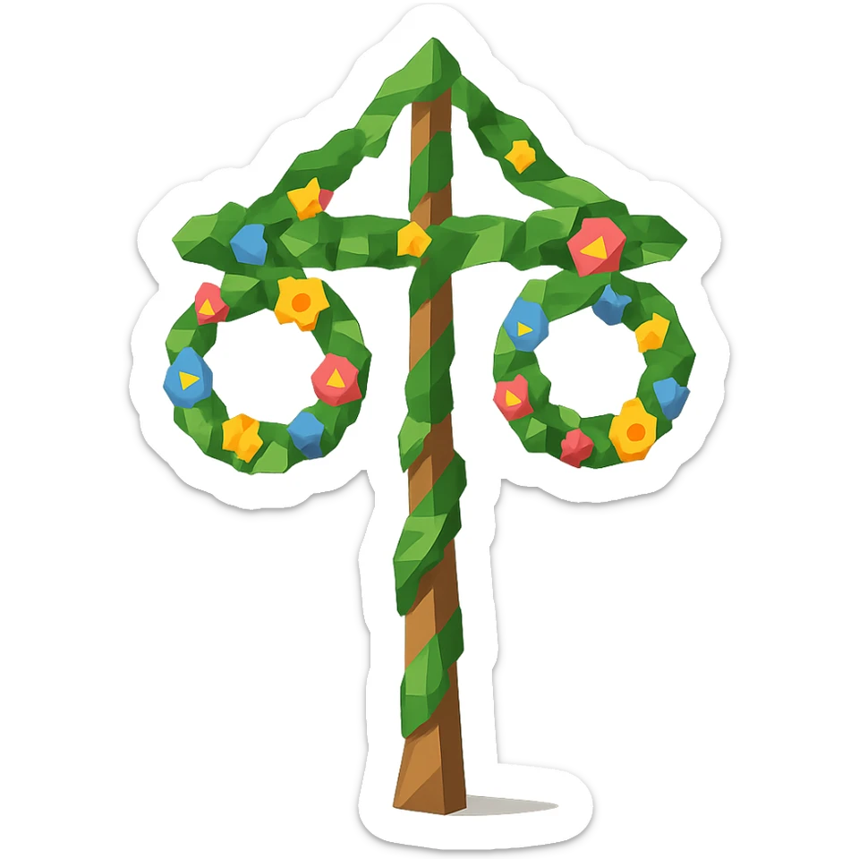 midsommarstång (Swedish maypole) decorated with green leaves and colorful flowers, standing upright with two floral wreaths hanging from the crossbar, festive and cheerful, clean modern illustration style sticker