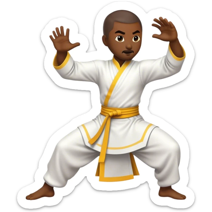 Cinematic Realistic Kung Fu Action Emoji, depicted as an epic martial arts scene with a master executing a precise move in traditional attire, rendered with fluid motion and vibrant textures under dramatic high-contrast lighting. sticker