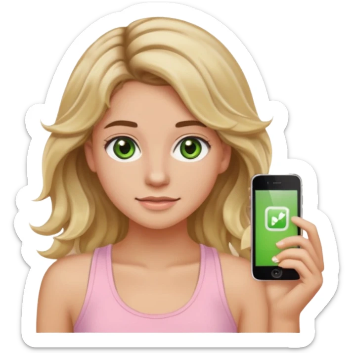 ca you make her hair a 20-year-old girl with long wavy hair brown roots blonde highlights green eyes brown eyebrows good summer tan iPhone emoji style with light pink tank top can you make her hair a little longer please sticker
