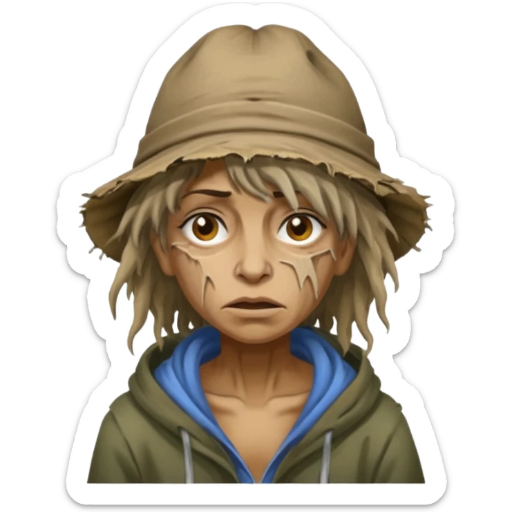 very dirty looking homeless woman with ripped hat and face with ugly hair sticker