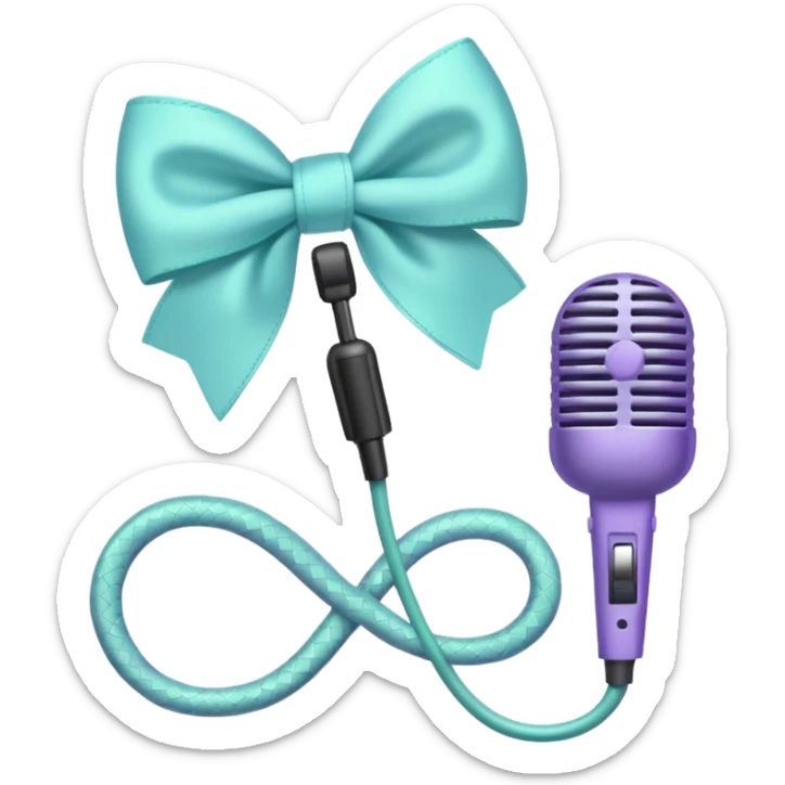 A pastel blue bow with a pastel a pastel green snake at the top of one side and a pastel purple microphone on the bottom of the other side of the bow sticker