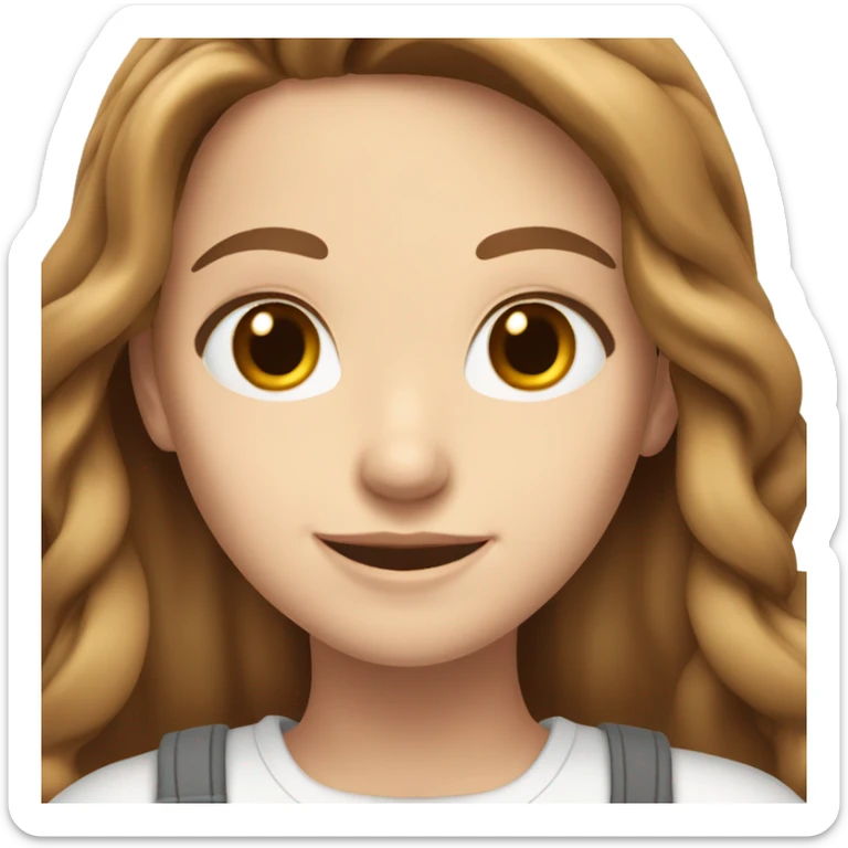 White girl with brown eyes and long brown hair in a breaks wearing a white smiling sticker