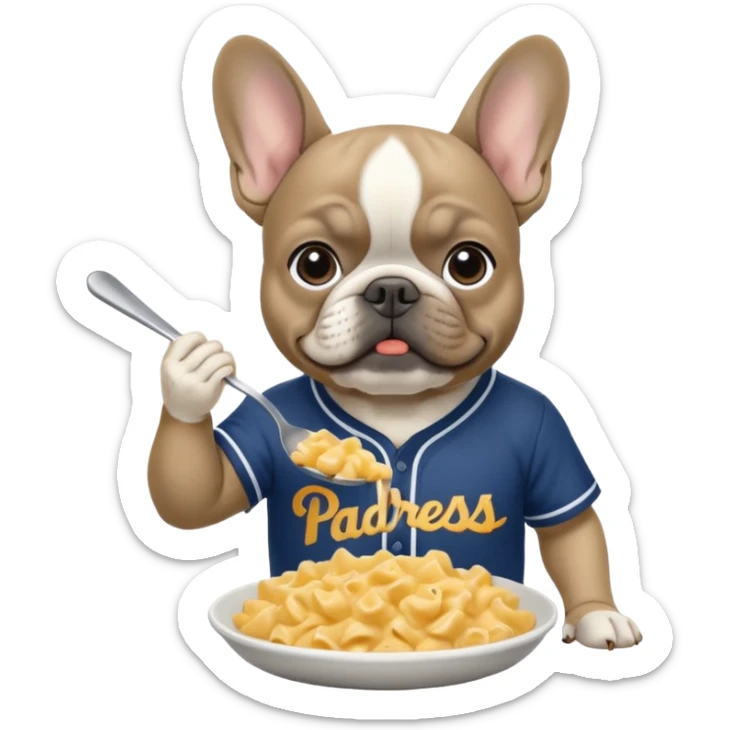 Grey French bulldog eating Mac and cheese wearing a padres baseball shirt sticker