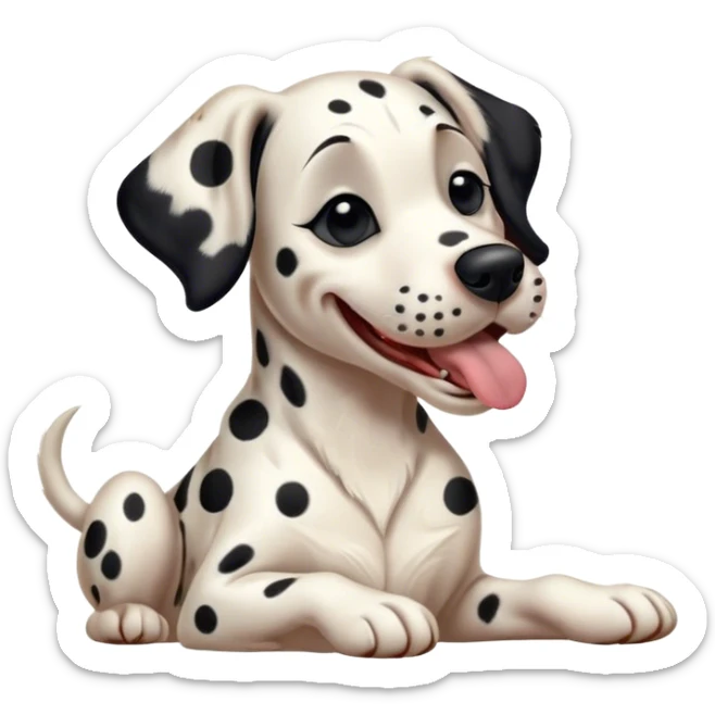 Cinematic Cute Yawning Spotted Dalmatian Portrait Emoji, Head tilted slightly with a dramatic, wide-open yawn, showcasing a smooth Fur of predominantly white with bold black patches, floppy ears slightly drooping, round eyes barely open in drowsy contentment, Simplified yet irresistibly adorable features, highly detailed, glowing with a soft, cozy glow, high shine, relaxed yet expressive, stylized with a touch of whimsy, bright and endearing, soft glowing outline, capturing the essence of a sleepy yet affectionate guardian, so drowsy it feels like it could stretch out of the screen and curl up for a nap! sticker