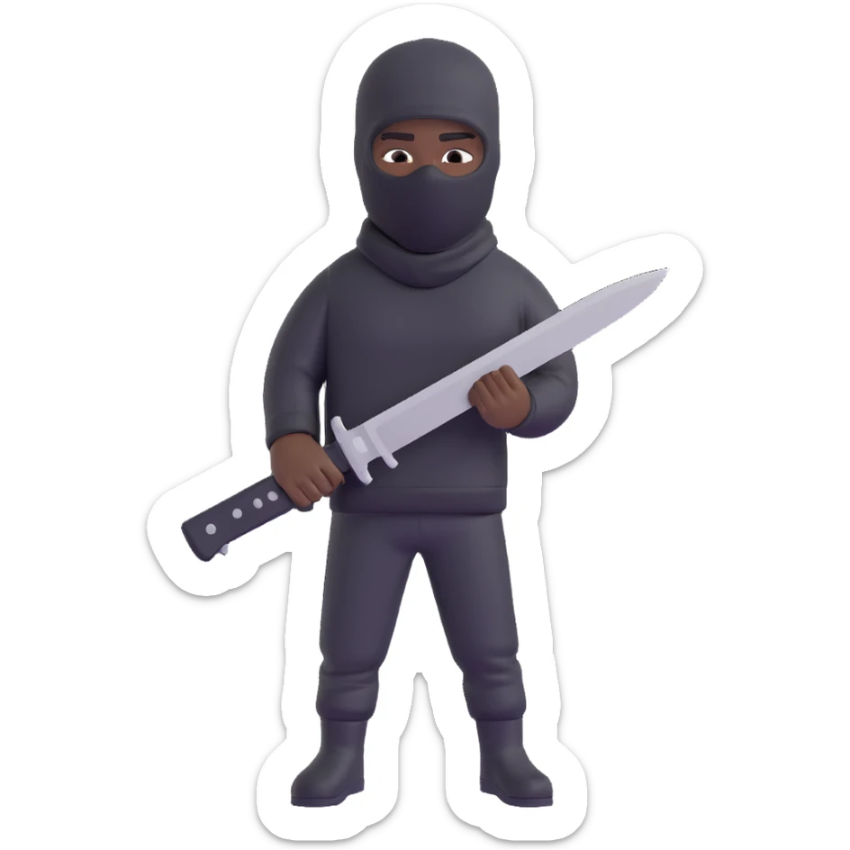 Black person with English appearance wearing a Trapstar balaclava, holding a black machete knife sticker