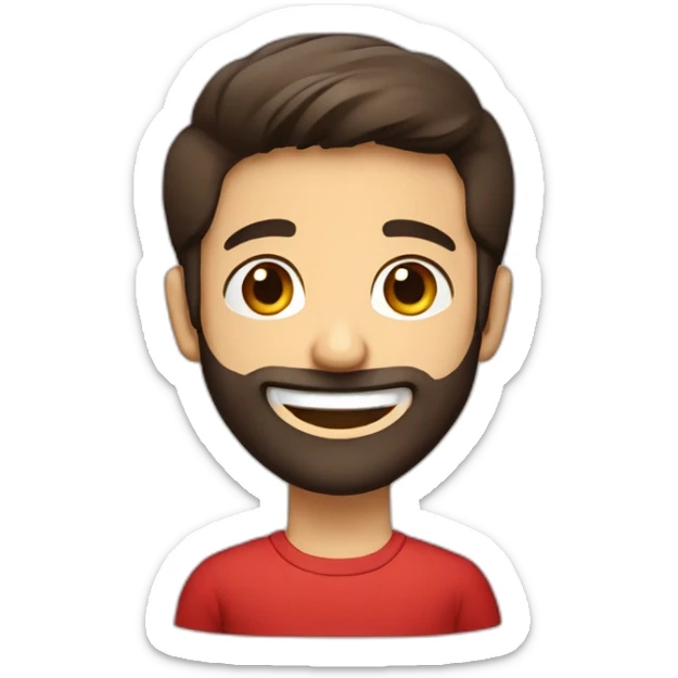 italian boy with red shirt, defined beard and dark brown short straight hair smiling with teeth sticker