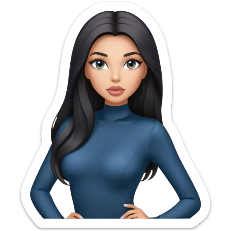 Glamours, tanned, very beautiful girl, with big pump peach-beige-rose lips, long long lashes, black straight smooth silky long hair, straight parting hair, blue-grey eyes in black long-sleeves bodysuit sticker