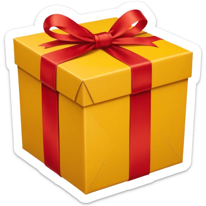 box with yellow wrapping paper and a length of red ribbon surrounding it on the ground so you can see most of the box's cardboard sticker