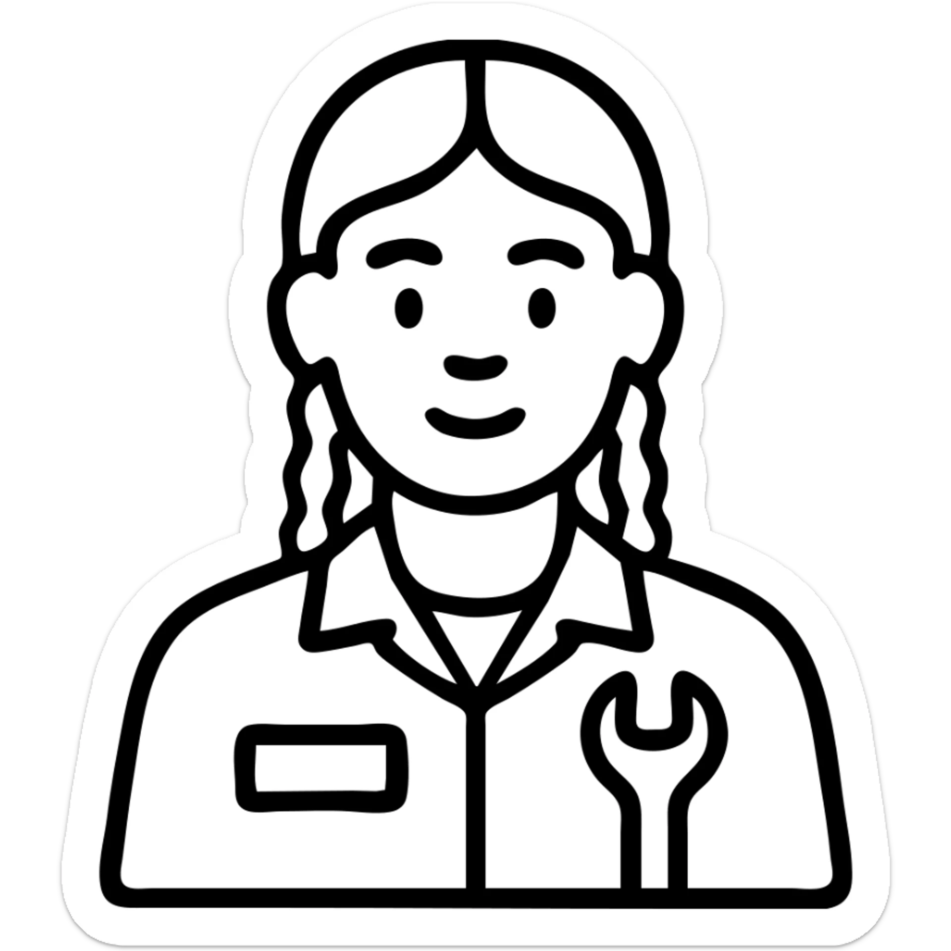 A 40-year-old Latina woman car mechanic with light brown skin, wearing black mechanic uniform, with two braids pulled back from her head sticker