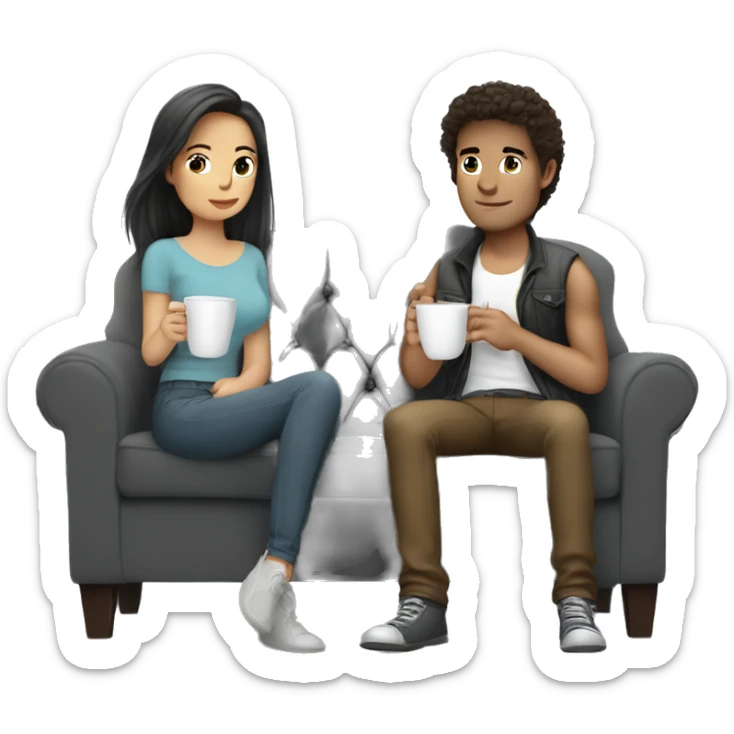 Yong beautiful couple sit in grey sofa and drink coffee girl braun long hair man short braun hair sticker