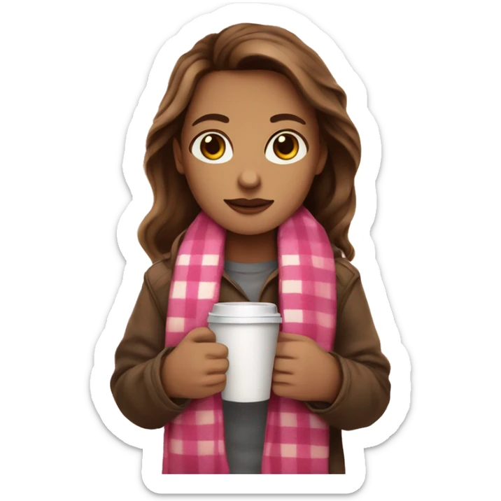 brown hair light skin brown eyes , with a plaid pink blanket and a coffee in hand sticker