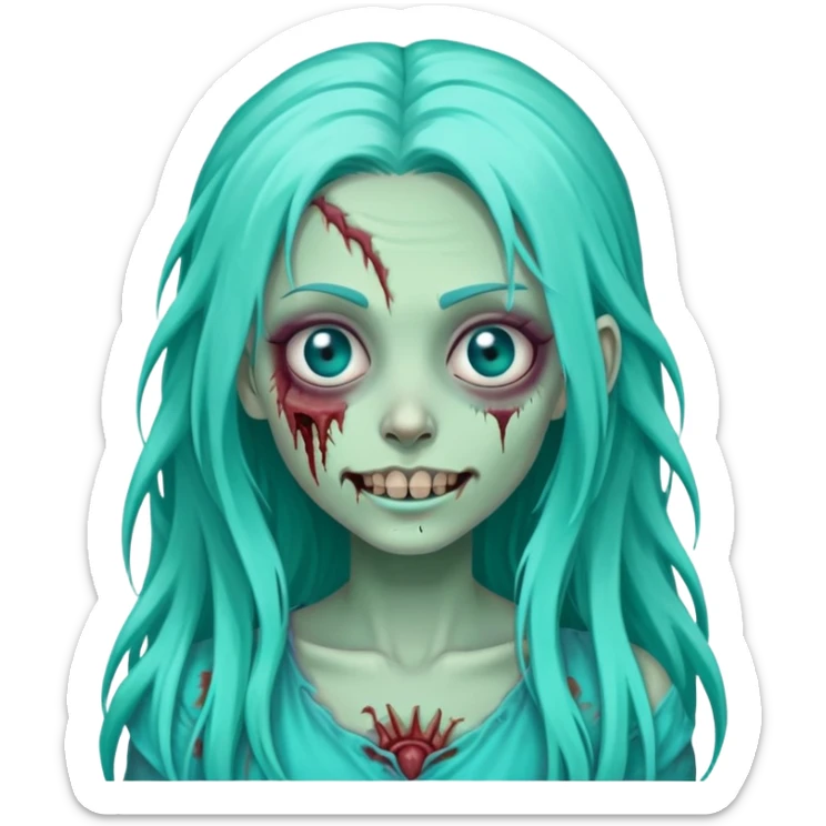 zombie girl with long turquoise hair, one eye missing, creepy smile, cute undead character sticker