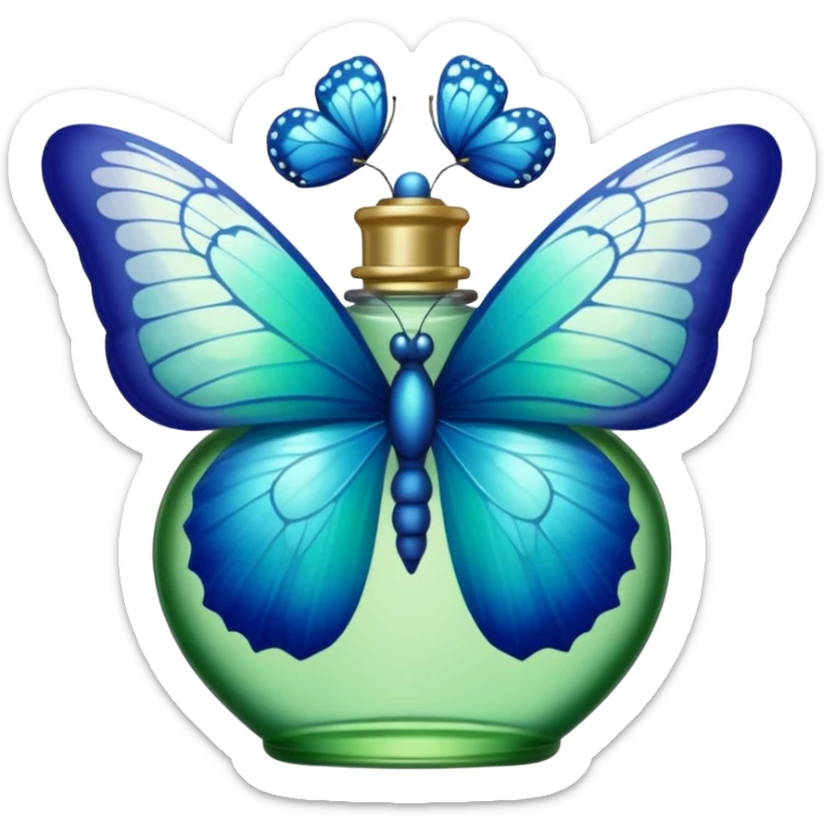 blue butterfly resting on the top of a green perfume bottle decorated with lace sticker