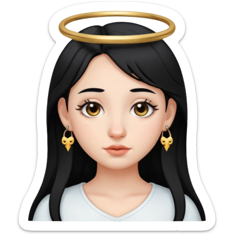 stworz emotke jak z iphone dziewczyna aniol jasna cera i czarne włosy i kolczyk w nosie ten krowi tylko że podkowa czarna  sticker