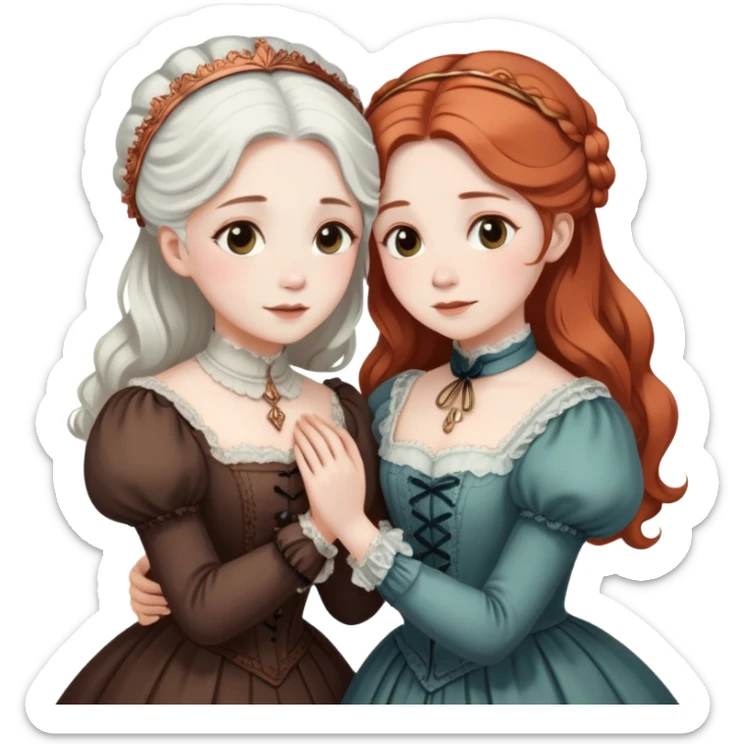 Two modest Victorian women hugging, one with white hair and one with copper hair, wearing Victorian era dresses sticker