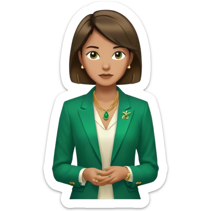 Emoji femenino con cabello suelto corto hasta los hombros castaño oscuro. Tono de piel bronceado. Viste blazer color verde esmeralda y blusa de vestir blanca. Lleva tres collares color dorado. Minimalista, clasico, entre casual y elegante sticker