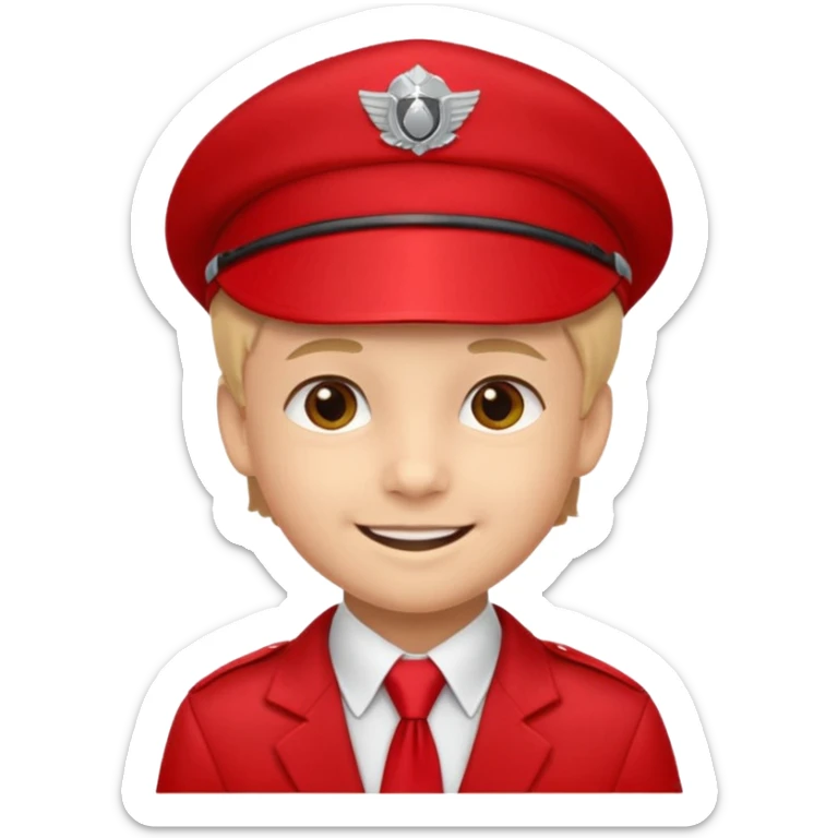 A Soviet pioneer emoji — smiling young boy wearing a bright red tie (pioneer neckerchief) and a red pilotka cap. White shirt, neat and cheerful, minimal flat emoji style, simple colors, clear outlines, professional emoji design. sticker