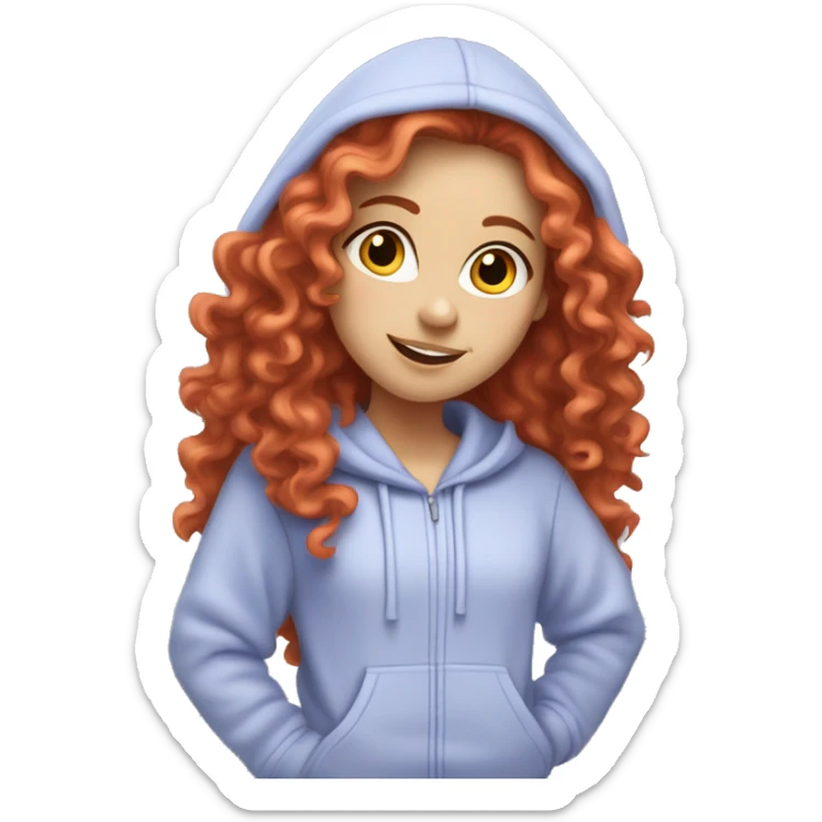 a white girl with long red curly hair, wearing a pastel periwinkle hoodie doing a pose sticker