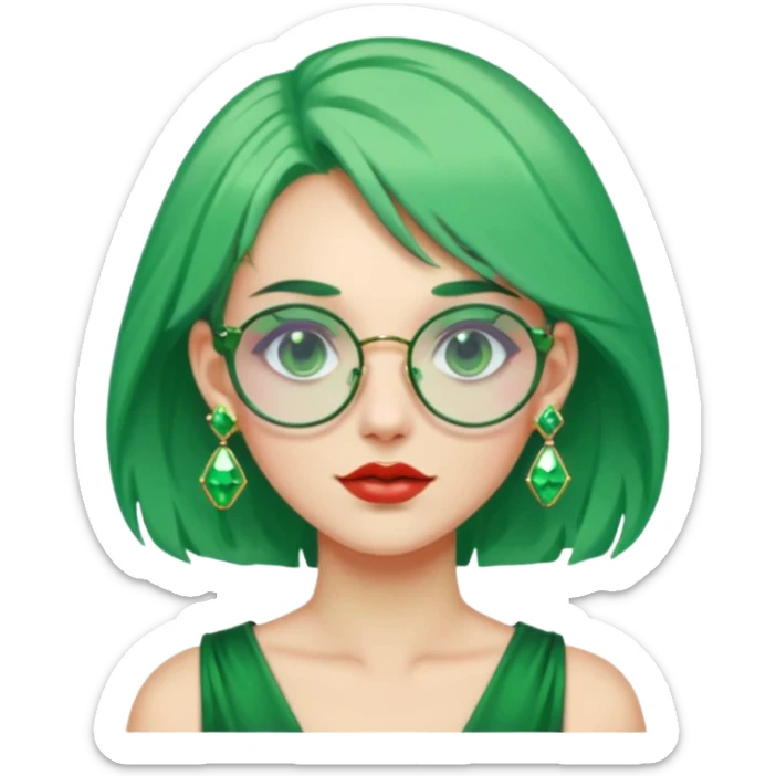gem lover woman with gem accessories excessive amount gem glassess very big gem earrings green hair sticker