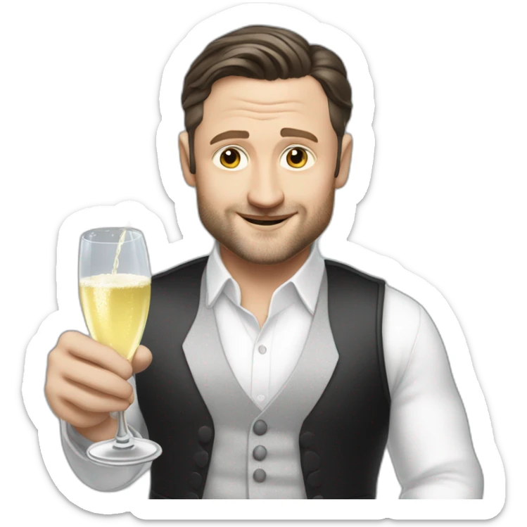 tim robinson dark black slicked back hair white shirt with a light grey vest spraying champagne sticker