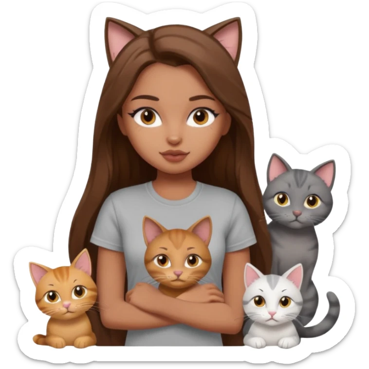 a pretty bratz dusky girl with long brown hair with six cats nd wearing a grey tshirt sticker
