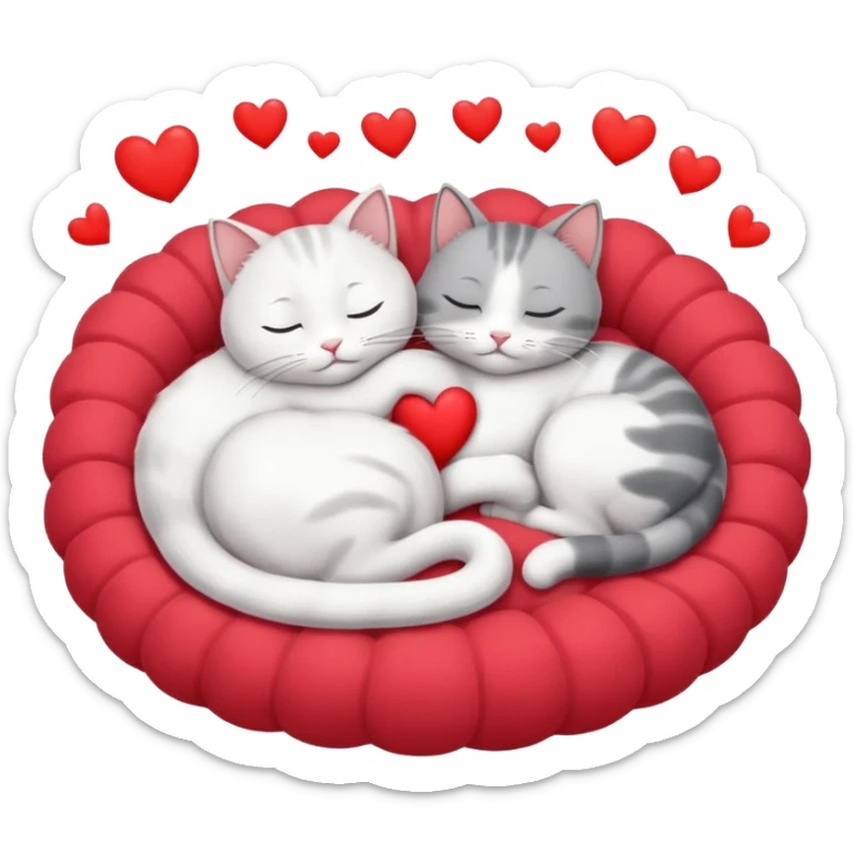 White cat and gray cat sleeping together in a bed full of hearts sticker